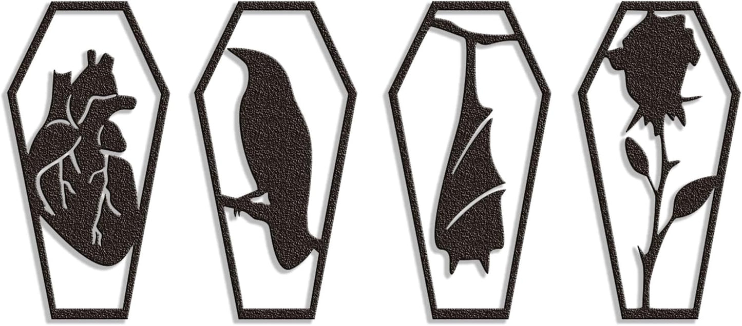 YATEASLU Gothic Coffin Wall Decor Set of 4 Metal Heart, Crow, Bat, Rose Sculptures for Gothic Home Decor, Bathroom, Kitchen, Office - Spooky Halloween Wall Decor with Screws