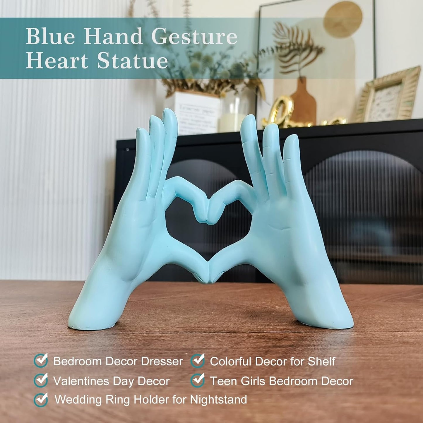 Accessoryway Blue Heart Hands Sculpture Decor - Valentines Day Decorations for Living Room, Bedroom, Office & Shelf Decor,Unique Heart Hands Ring Holder Display for Girls & Wedding Decorations