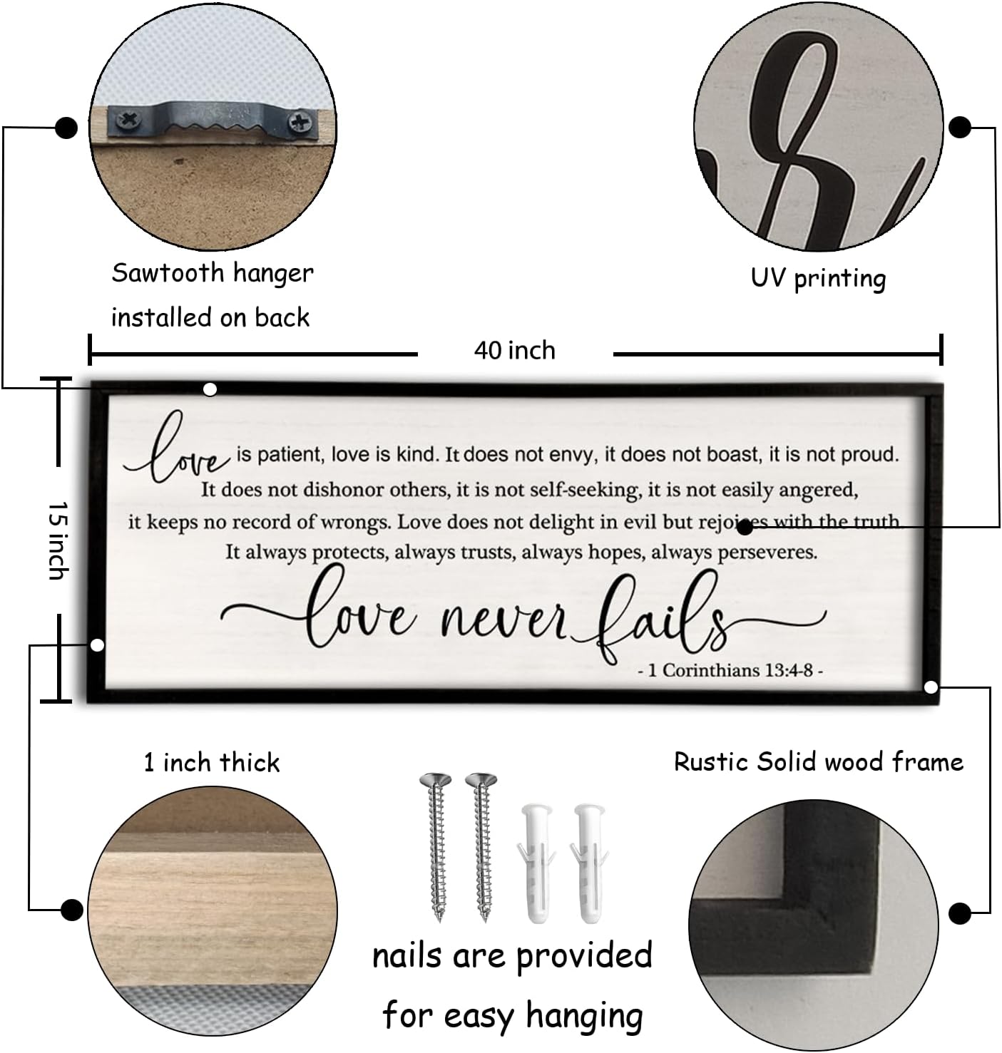 flowtorely Love is Patient, Kind Wall Art Decor 40"X15" Love Never Fails Sign 1 Corinthians 13 Bedroom Above Bed Large Bible Verse Quote Scripture Christianity Hanging Sign (Black)