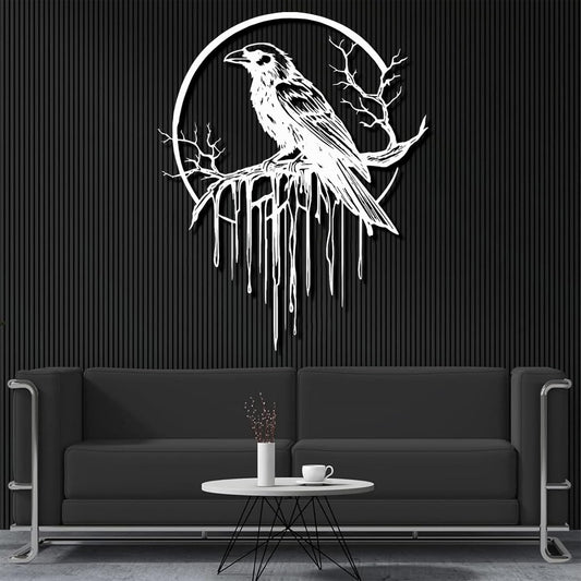 Crow Metal Wall Decor, Raven Wall Art, Large Gothic Raven Decor Hangings, Bird Wall Decor, Metal Tree Branch Decor, Ravens Sign, Raven Art for Living Room (White, 35"x28" | 90x72cm, metal wall art)