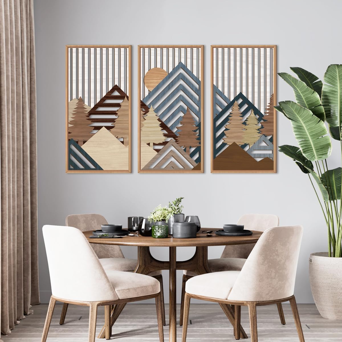 IARTTOP Large Mountain Wood Wall Art 16"x32"x3 Abstract Forest Wall Sculpture Geometric Boho Sunset Wilderness Artwork for Bedroom Living Room Office