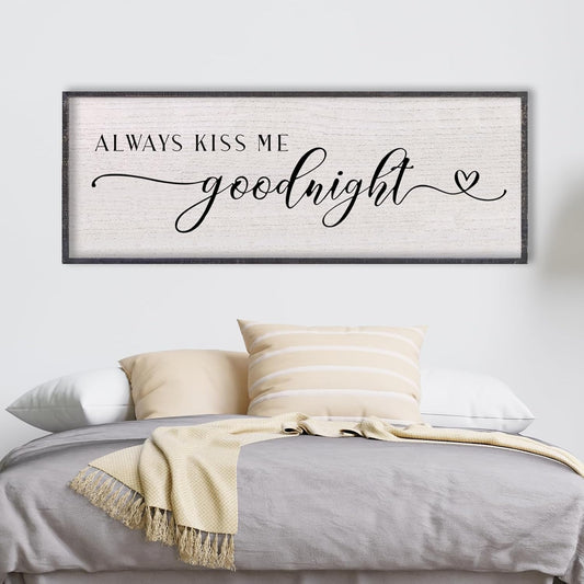 LuZhiQiang Above Bed Love Theme Wall Decor Always Kiss Me Goodnight Sign 40"×15" Wood Framed for Master Bedroom Over Bed Wall Art (Black)