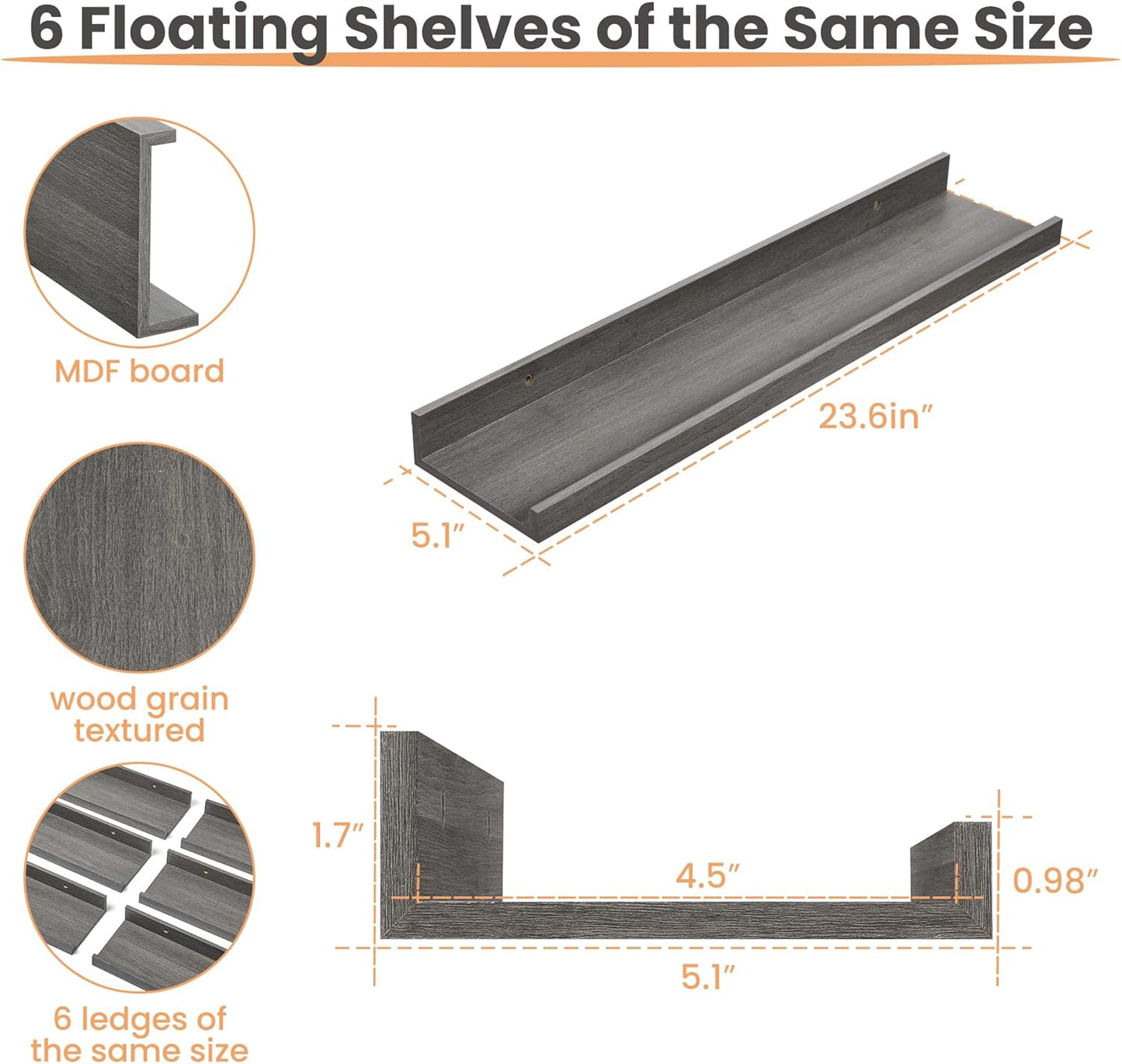 upsimples Floating Shelves for Wall, Wood Mounted Shelf Decor Storage Set of 6, for Bedroom, Living Room, Bathroom, Kitchen, 23.6 inch Long Picture Ledge, Grey