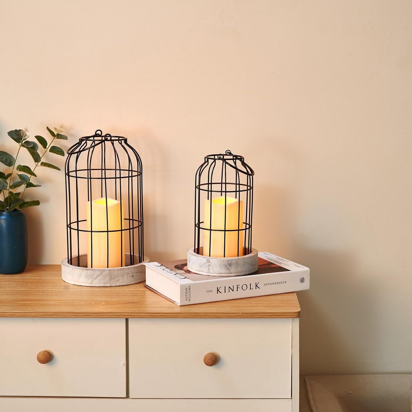 PHOSPHOR Rustic Farmhouse Decor Lantern Set of 2 Modern Farmhouse Decorative Indoor for Kitchen Fireplace Centerpiece Table Dinning Living Room