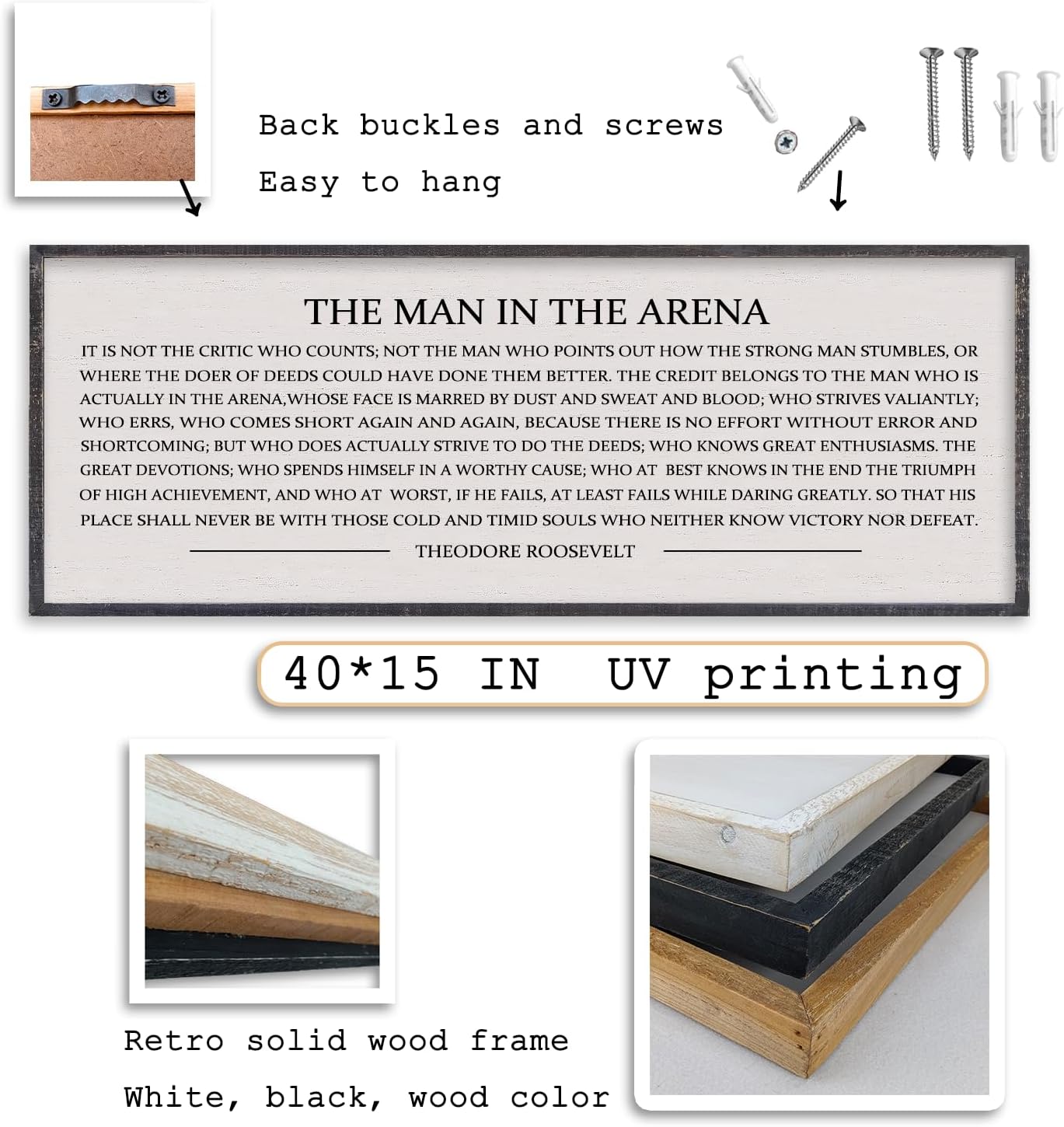 LuZhiQiang The Man in the Arena Wall Decor 40''x15'' Inspirational Quotes Office Wood Framed Sign Rustic Home Motivational Art For Man Entrepreneur Morden Living Room Wall Hanging Decor (Black)