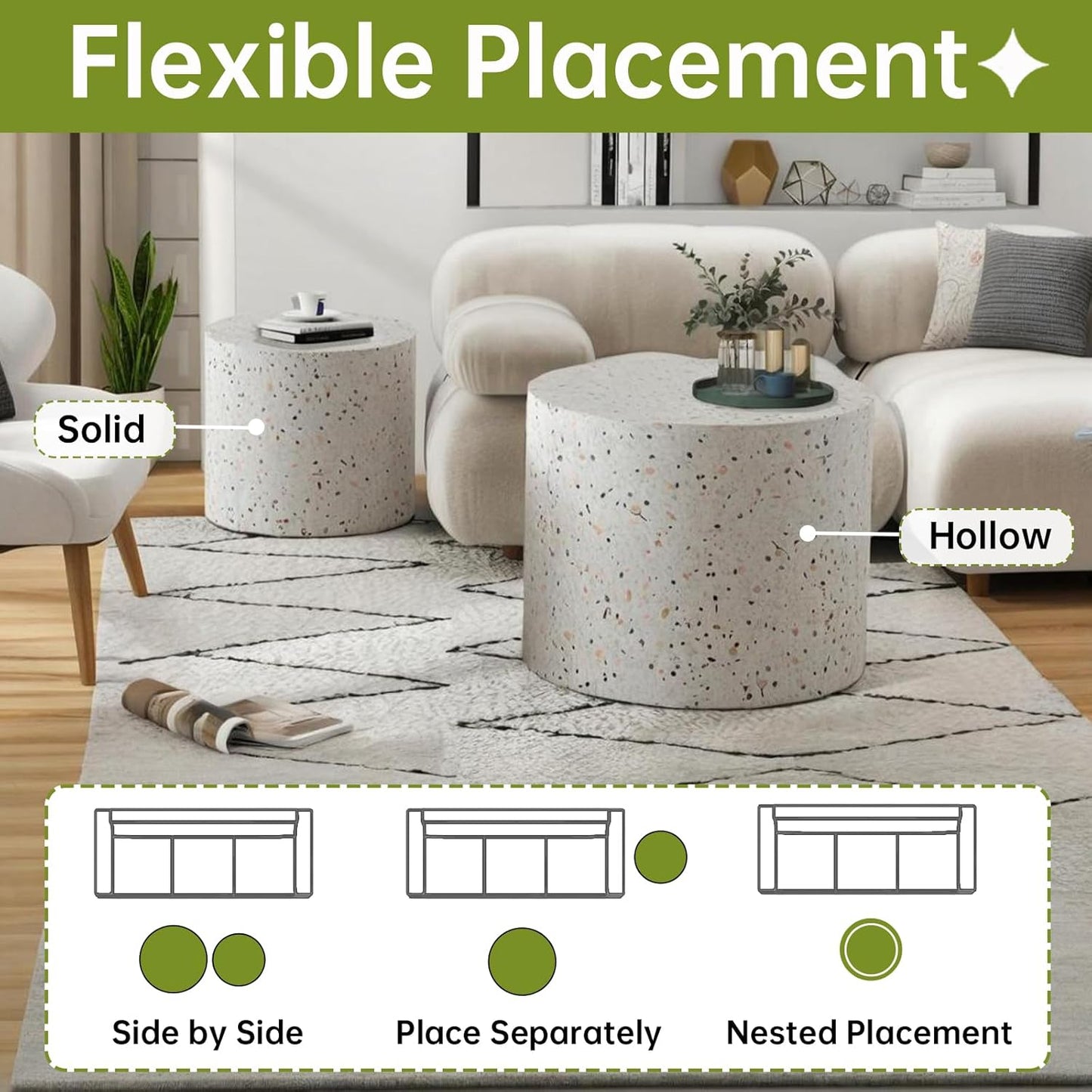 Round Nesting Coffee Table, Drum Wood Coffee Table Set of 2 Marble-Color, Modern Nesting Tables Circle Center Table 2 Piece for Small Spaces Living Room Bedroom Balcony Office, No Assembling