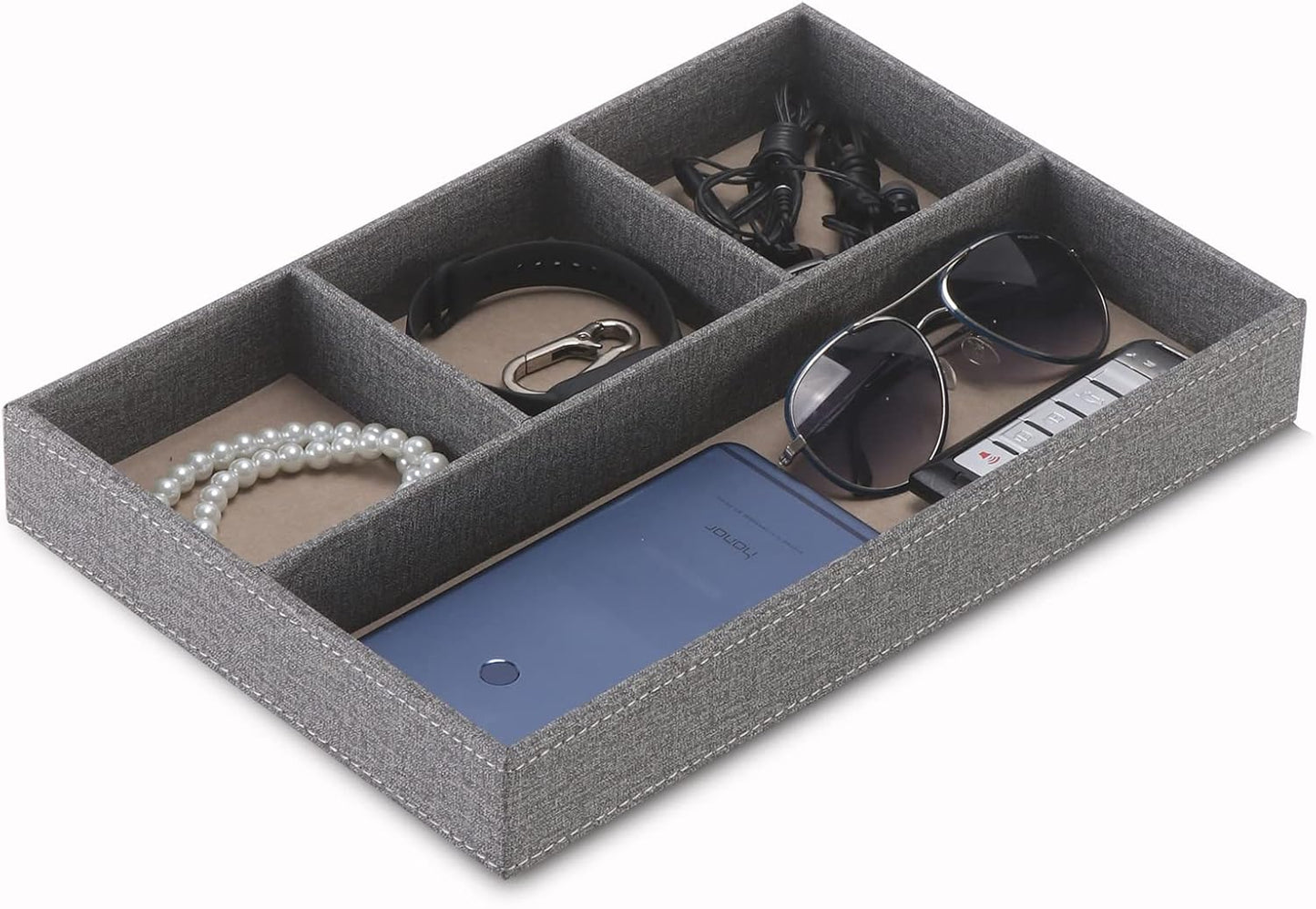 Desktop Storage Organizer, Bedside Table or Storage rack Leather Tray, Valet Tray, Dresser Organizer, 4 Compartments,PU Leather Drawer Storage Organizer Decorative Trays. (gray)