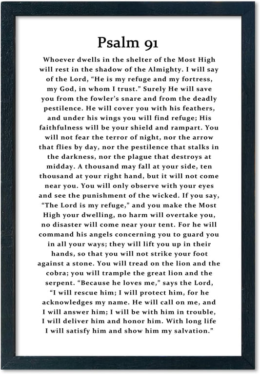 LuZhiQiang Psalm 91 Scripture Wall Art 16"×11" Bible Verse Christian Inspirational Sign Wood Framed Wall Hanging Decor (Black)