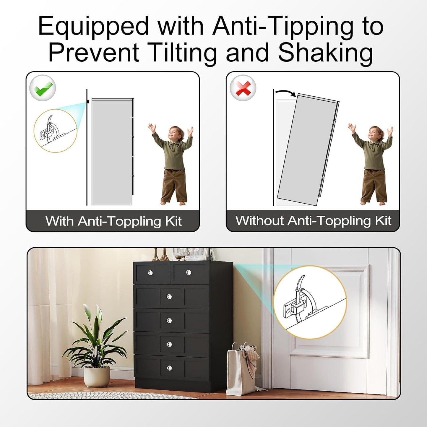 Wood Dresser for Bedroom 6 Drawer: 24" Black Chest of Drawers Wood, Modern Fluted Cabinet with Sturdy Storage, Wide Aesthetic Furniture for Room Organization