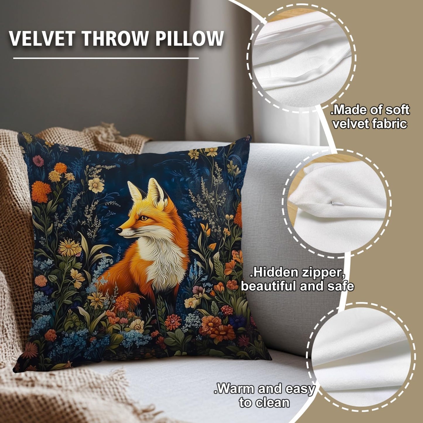 YOU FOUND ME William Morris Abstract Vintage Floral Velvet Fox Design Throw Pillow Covers Home Decor, Retro Art Deco Pillowcase Cushion Cover for Bed Sofa Living Room, Square 18x18inch (Orange-Fox)