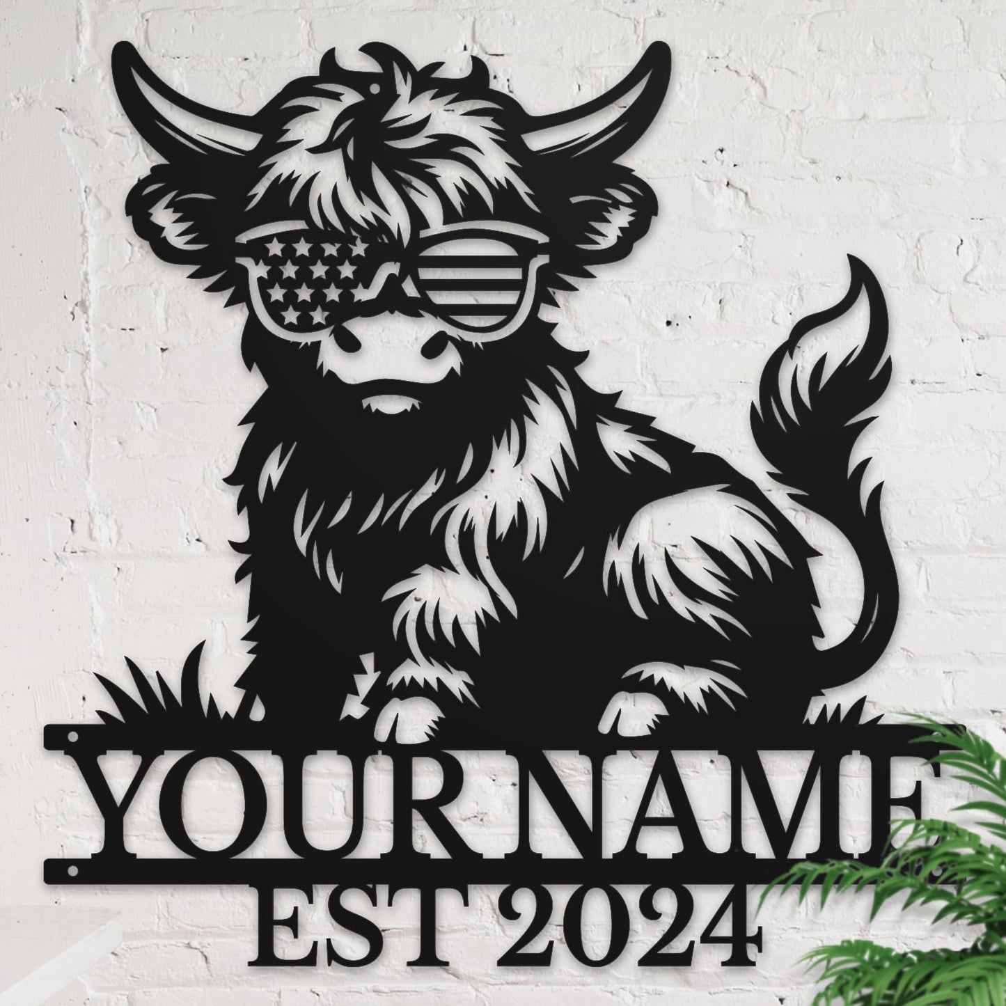 Personalized Highland Cow Name metal Signs,Custom Highland Cow Metal Shed Wall Decor,Black Metal Wall Art Plaques Outdoor wall Decorative Signage (Style C)