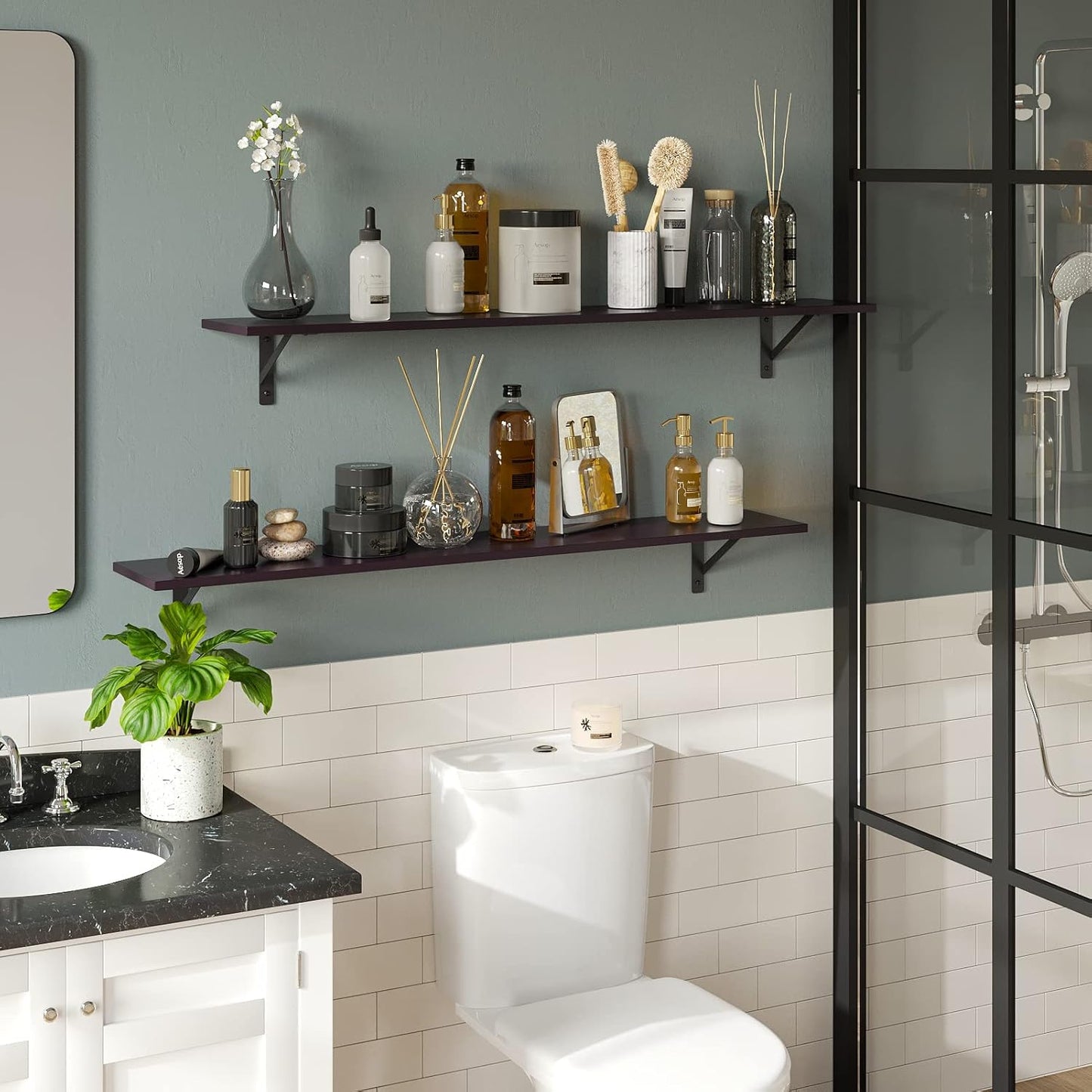 DINZI LVJ Long Wall Shelves, 55.1Inch Wall Mounted Shelves Set of 2, Extra Large Floating Storage Ledges with Sturdy Metal Brackets for Living Room, Bathroom, Bedroom, Kitchen, Espresso