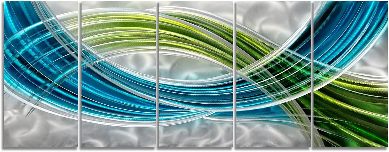Yihui Arts Abstract Metal Wall Art - Hand Crafted 5 Pieces Panels Large Big Blue Teal Silver Unique 3D Aluminum Modern Contemporary Home Accent