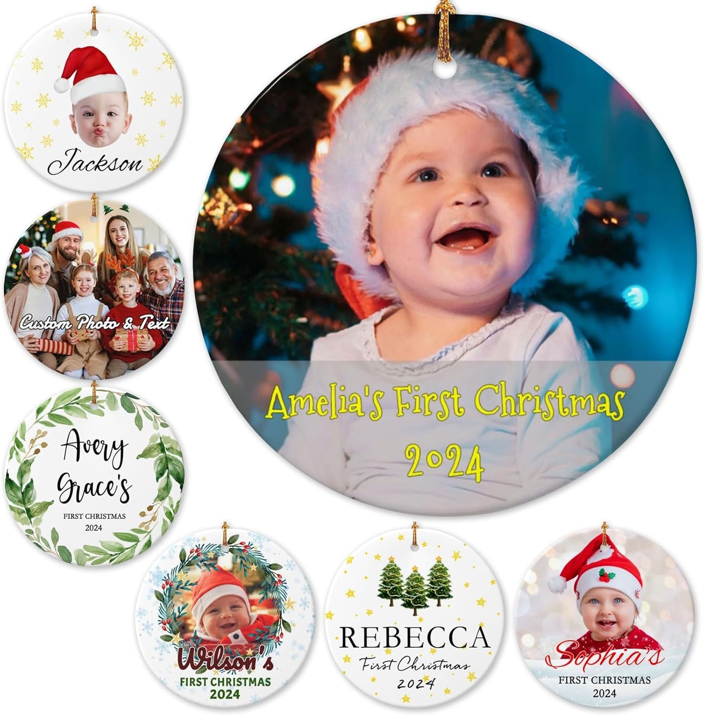 Personalized Baby Christmas Ornaments with Photo 2025 Custom Babys First Christmas Picture Name Ornaments,Double-Sided Ceramic Customized Xmas Ornaments for Christmas Tree