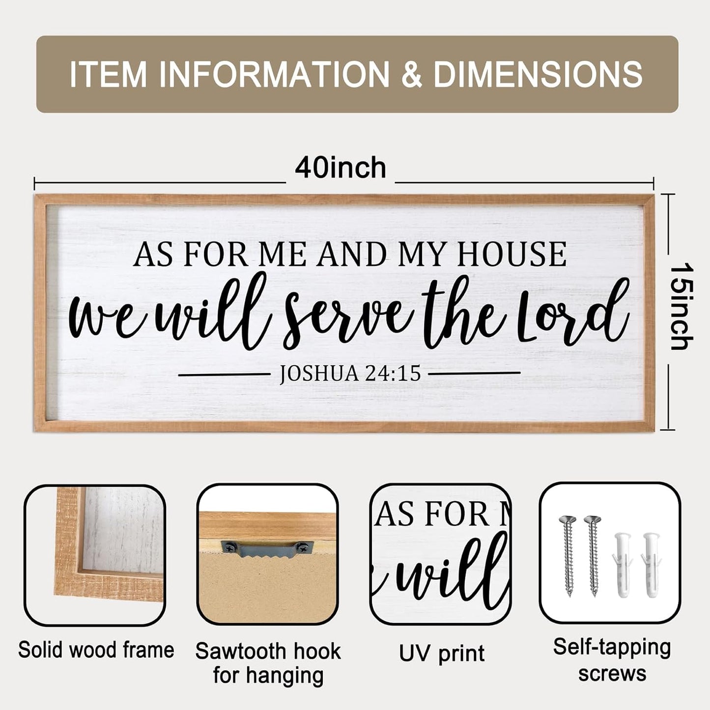 As For Me And My House We Will Serve The Lord Framed Wall Art, 40''×15'' Positive Religious Rustic Bible Verse for Christian God Jesus Christ Prayer, Vintage Long Holy Catholic Scripture Decor