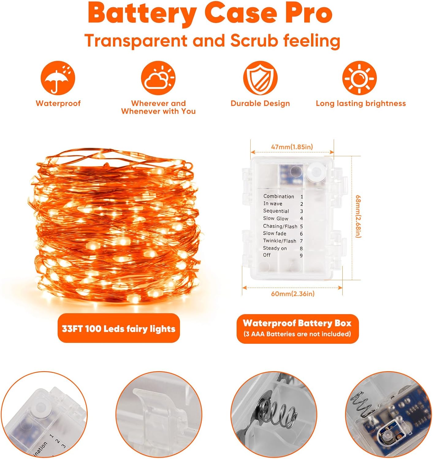 1 Pack 32.8 Ft. Battery Operated Outdoor String Lights with Remote & Timer, LED Orange Fairy Lights, Waterproof Twinkle Lights for Bedroom, Dorm, Mason Jar, Wedding, Party, Christmas