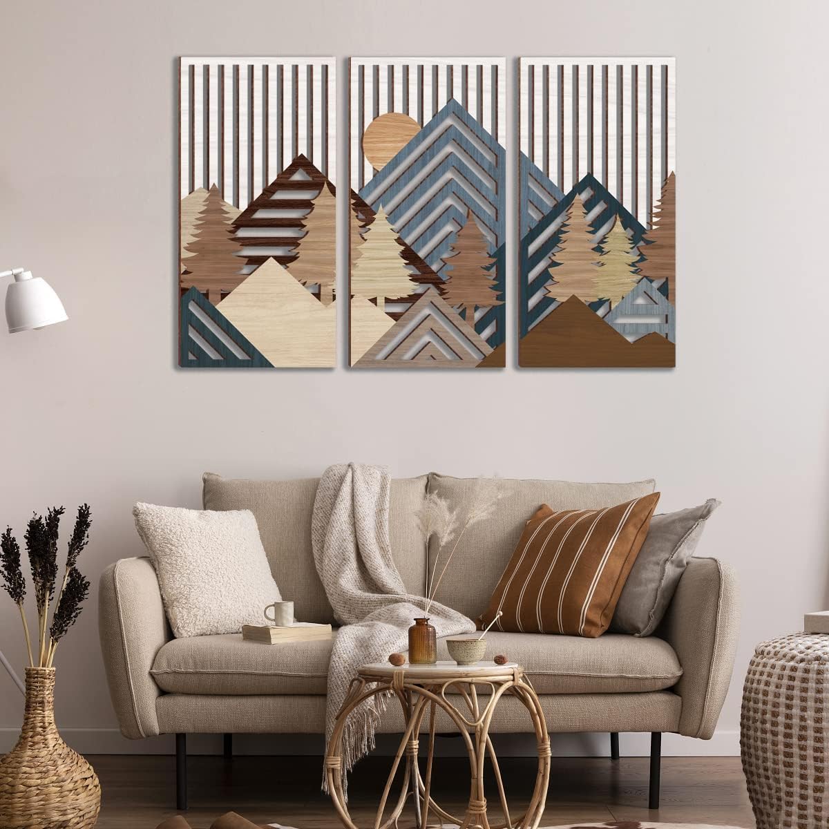 IARTTOP Abstract Mountain Wood Wall Art Large geometric Forest Pine Trees Wooden Wall Decor Boho Sun Nature Landscape Wall Decor for Bedroom Living Room Office-16 x32 Inch Set of 3