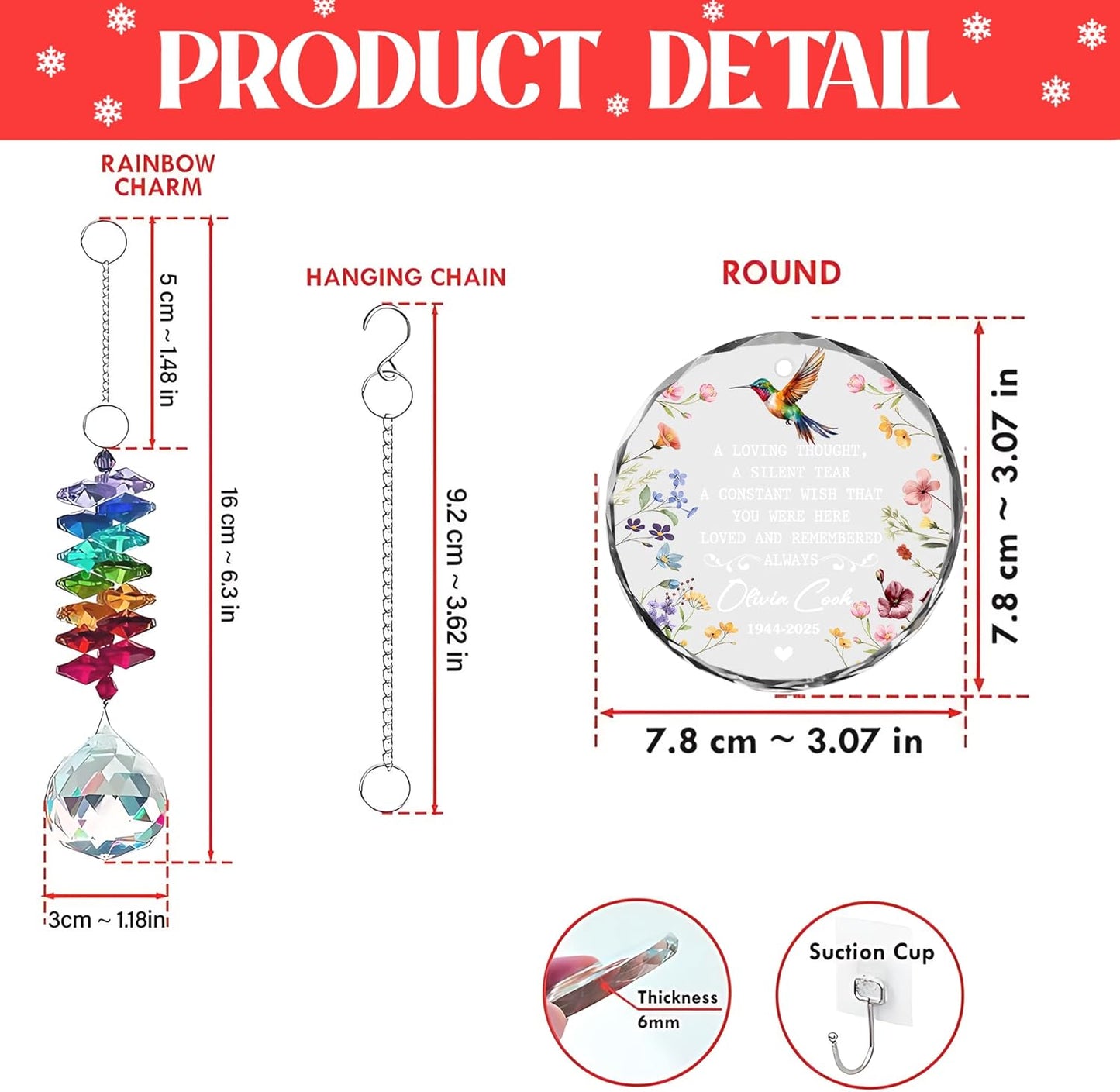 Personalized Memorial Hummingbird Glass Ornament – Custom Photo, Name, Birth Year & Passing Year – “Loved and Remembered Always” Memorial Keepsake for Loss of Loved One 2025