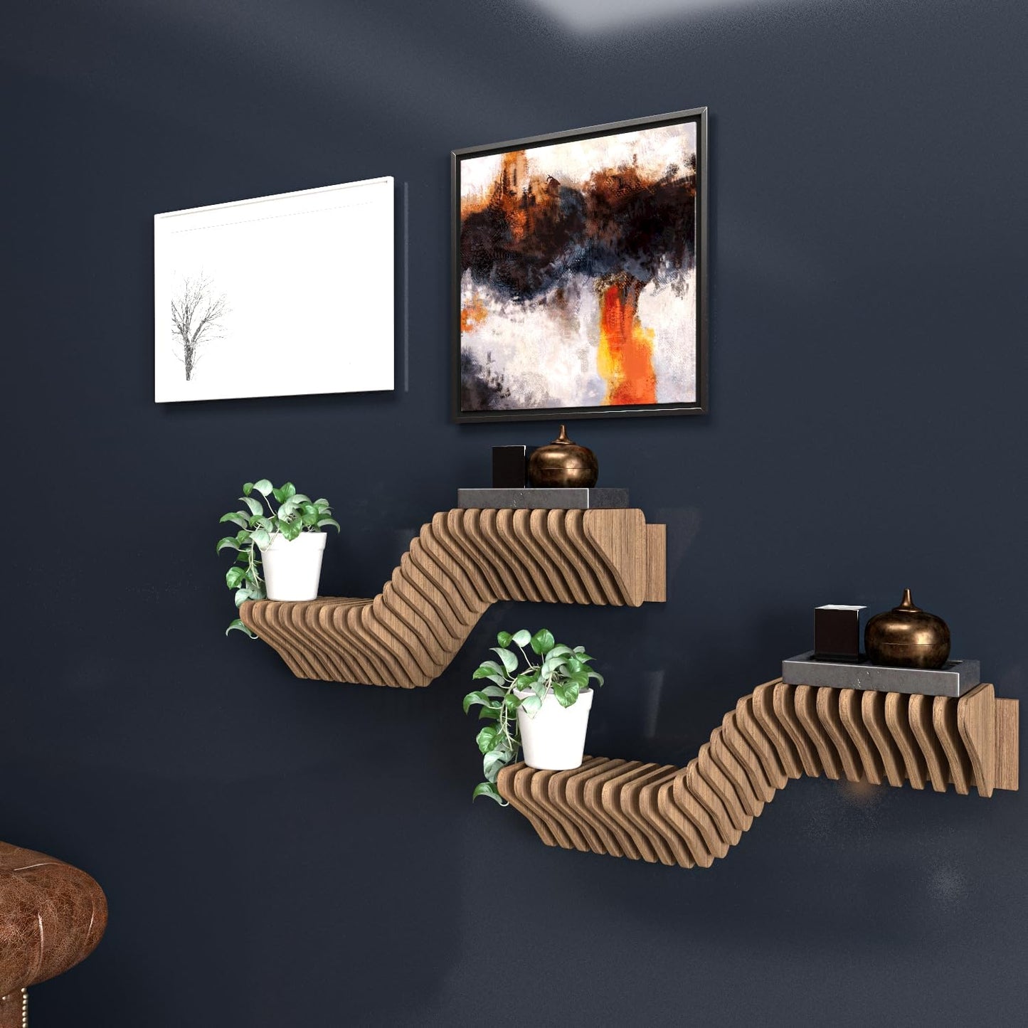 Parametric 20 inch Floating Shelf TV Unit Modern Geometric Wooden Wall Piece Decor Natural Oak Color 3D Wavy Living and Gaming Room Shelf