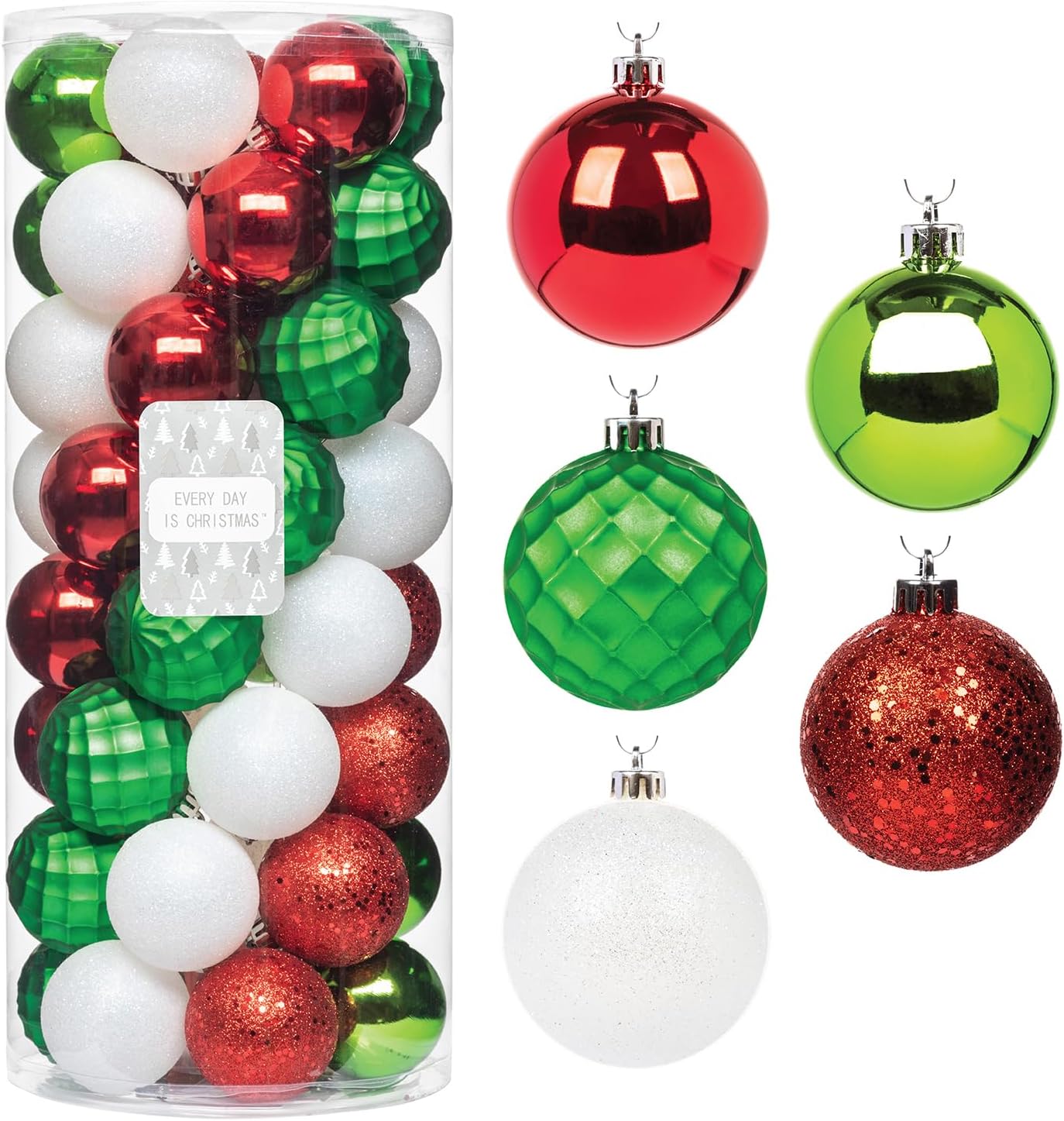 Every Day is Christmas Ornaments, Shatterproof Christmas Tree Ornament Set, Christmas Balls Decoration 50 Count (2.24"/57mm, White Red Green)