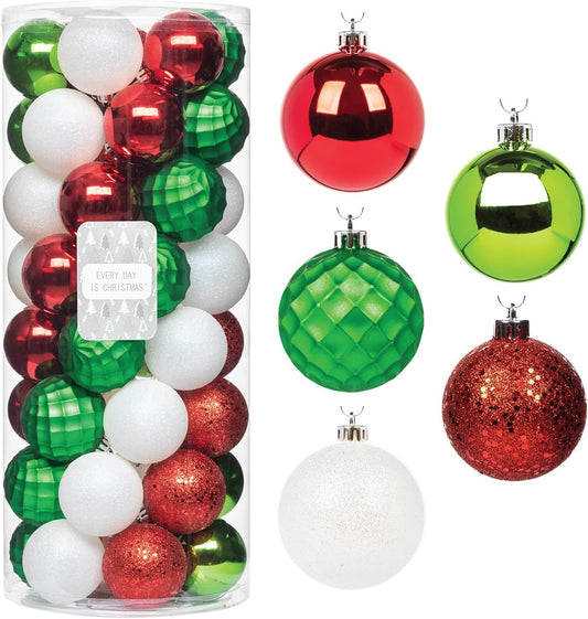 Every Day is Christmas Ornaments, Shatterproof Christmas Tree Ornament Set, Christmas Balls Decoration 50 Count (2.24"/57mm, White Red Green)