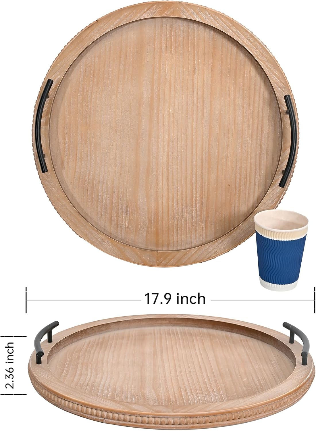 SwallowLiving 18Inch Brown Wooden Beaded Serving Tray with Handle Decorative Rustic Tray for Coffee Table Farmhouse Round Trays for Kitchen, Living Room and Bedroom