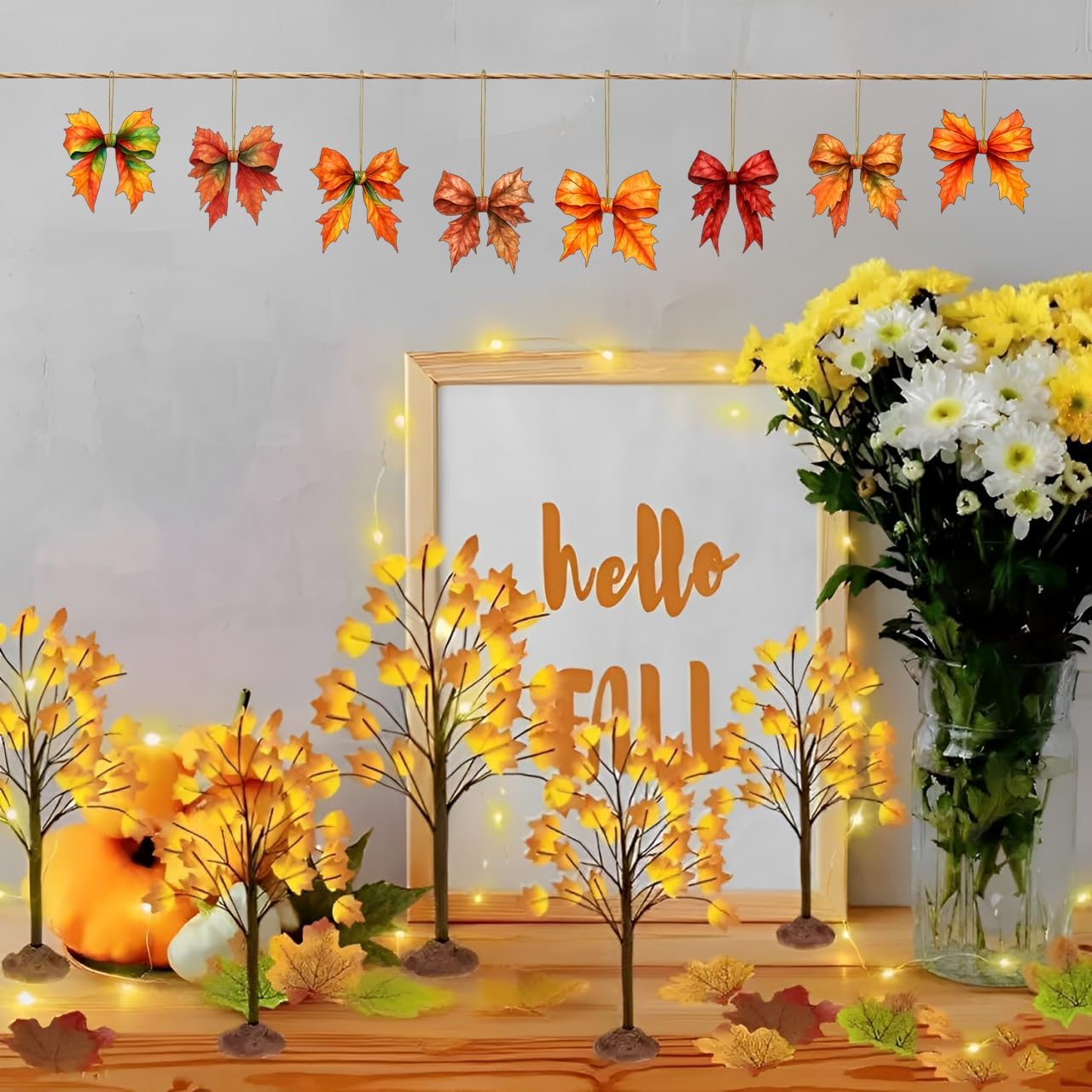8 Pcs Fall Tree Ornaments Decoration Autumn Leaf Hanging Ornaments 2D Flat Acrylic Pendants Bow Shape Maple Leaf Designs Hanging Ornaments for Home Autumn Festival DIY Craft Supplies Decor