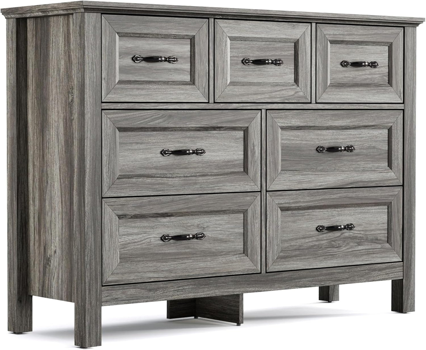 LINSY HOME Farmhouse 7 Drawers Dresser for Bedroom, Wood Chest of Drawers with Metal Handle, Wide Dresser Organizers for Bedroom, Nursery, Closet, Grey