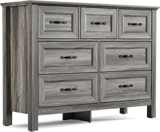 LINSY HOME Farmhouse 7 Drawers Dresser for Bedroom, Wood Chest of Drawers with Metal Handle, Wide Dresser Organizers for Bedroom, Nursery, Closet, Grey