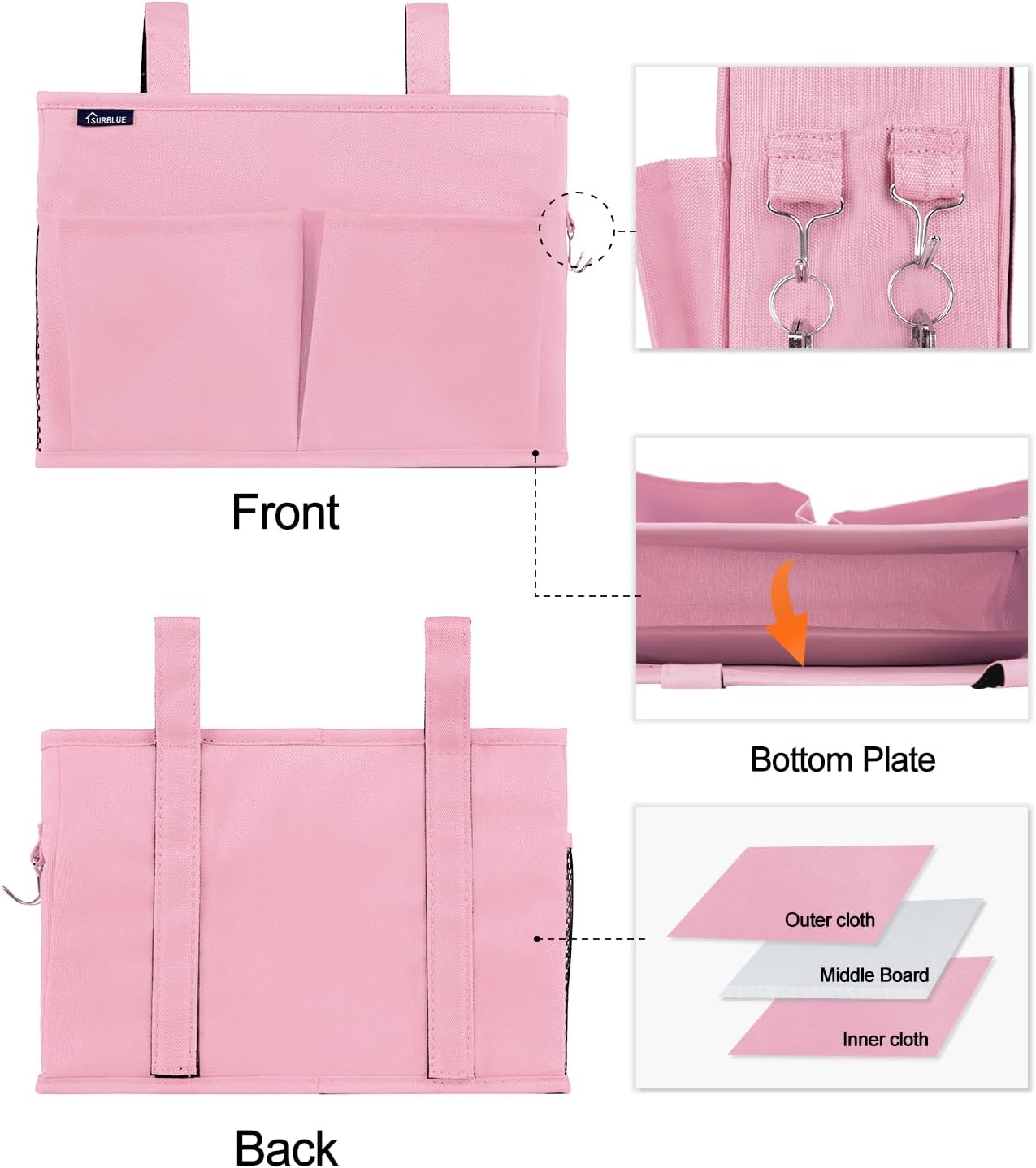 Surblue Caddy Hanging Organizer Bedside Storage Bag for Bunk and Hospital Beds, Pink, Small