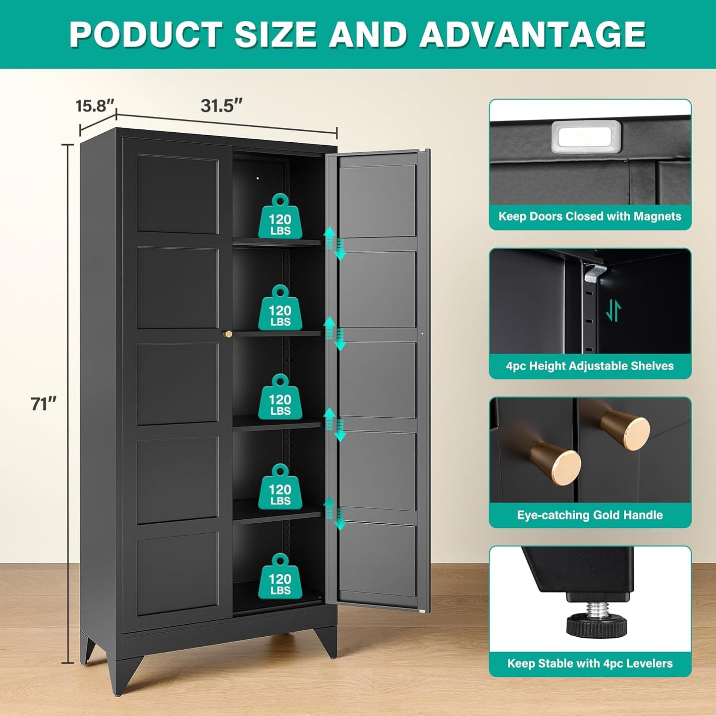 Metal Storages Cabinet with 2 Doors and 5 Shelves,Tall Storage Cabinet,Large Cupboard Closet,Pantry Storage Cabinet for Home,Office,Bathroom,Dining/Living Room (Black, 71" H)