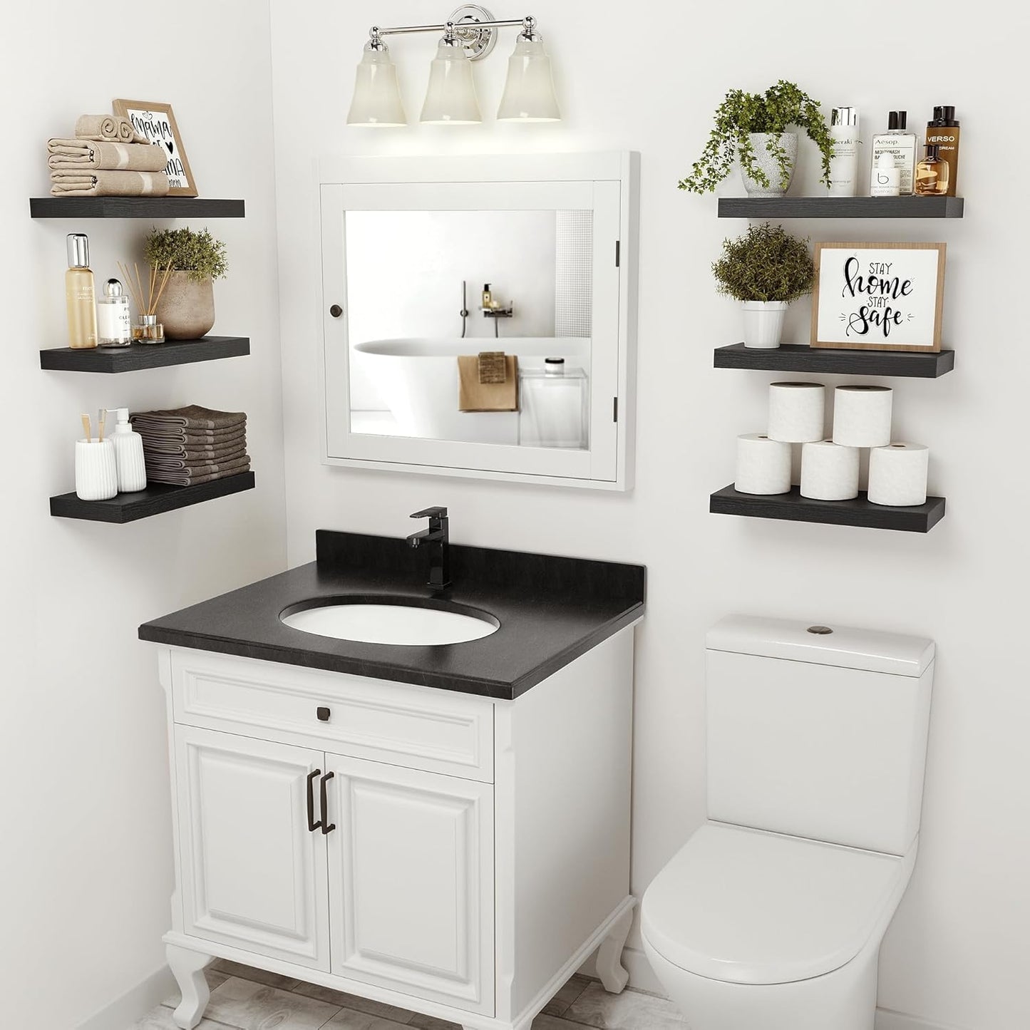 Black Floating Shelves for Wall, 16 inchs x 6.7” deep x 1.4” Wall Shelf for Bathroom Bedroom, Living Room, Kitchen, Office Home Decor, Narrow Wood Shelves with Invisible Brackets Set of 2