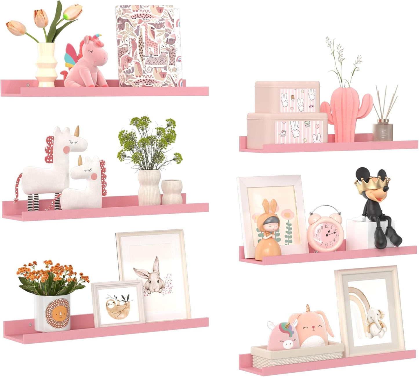 upsimples Pink Shelves for Wall, Kawaii Room Decor for Teen Girls, Bedroom, Living Room, Game Room, 6 Pack 23.6 inch Long Wall Mounted Wood Shelves for Picture, Plants
