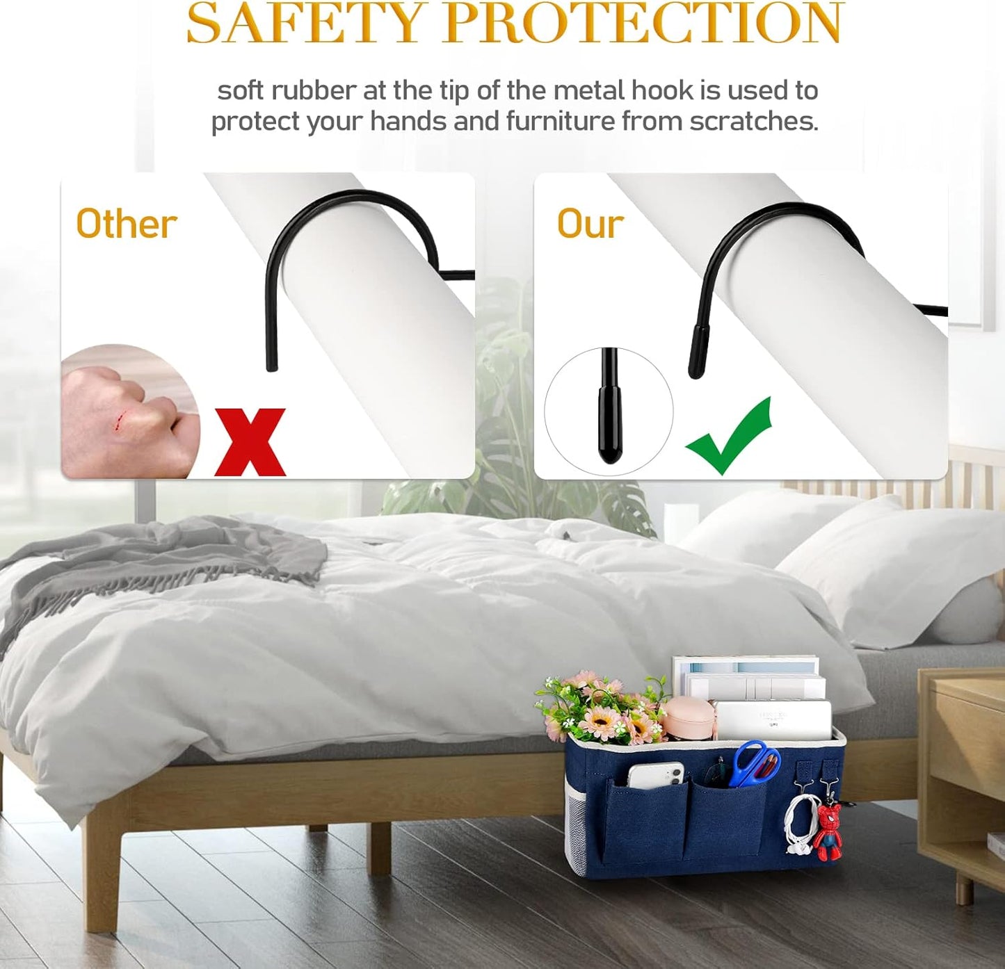 Bedside Storage Caddy/Bedside Hanging Storage Bag for Headboards Bunk Beds Dorm Rooms Book Phone Magazine Holder (2PC Navy Blue)