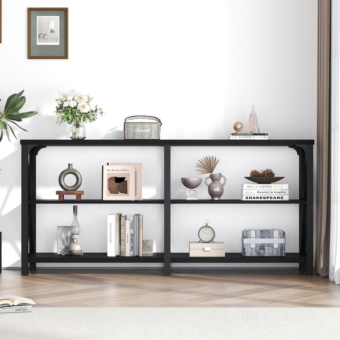 LVB Industrial Entryway Table, Farmhouse Rustic Console Tables Behind Couch, Long Metal Wooden Sofa Table with Storage Shelf, Modern Foyer Hallway Table for Living Room Bedroom, Black Oak, 63 in