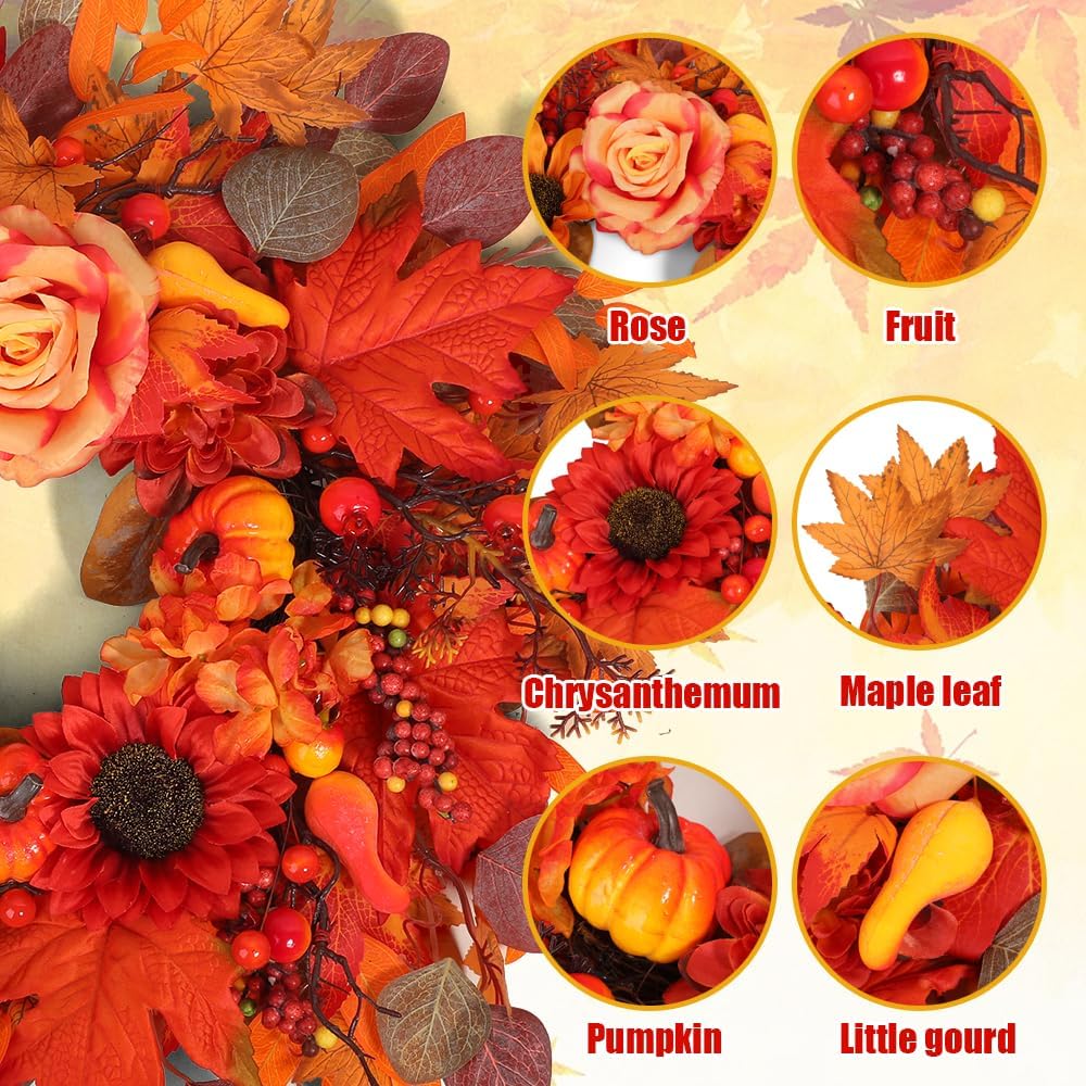 24" Fall Wreath for Front Door Outside - Sunflower, Pumpkin, Berry & Maple Leaves | Weatherproof Autumn Outdoor Wreaths with Hanger Hook for Thanksgiving, Harvest