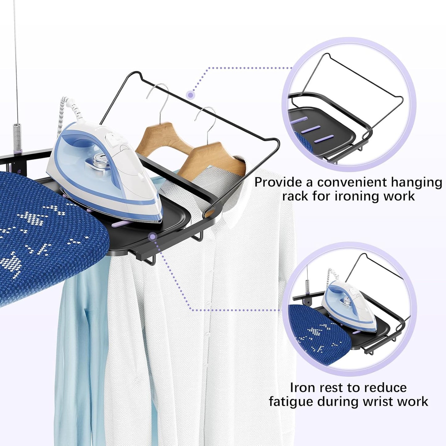 Full Size Ironing Board, 18x51 Iron Board with Metal Panel Stretchable Iron Rest, Adjustable Height Heavy Duty Heat & Scorch Resistant Cover Ironing Board, for Home, Laundry, Purple