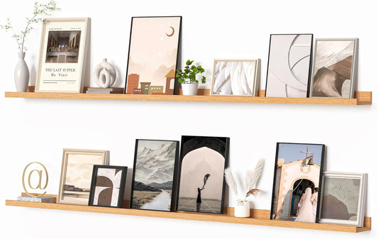 Heimlove Picture Ledge Shelf, Floating Shelves Set of 2, 72 Inches Long Large Picture Shelf for Wall with Ledge, Kids Bookshelf Wall Mounted for Living Room Bedroom Decor Books Photo Frames, Oak