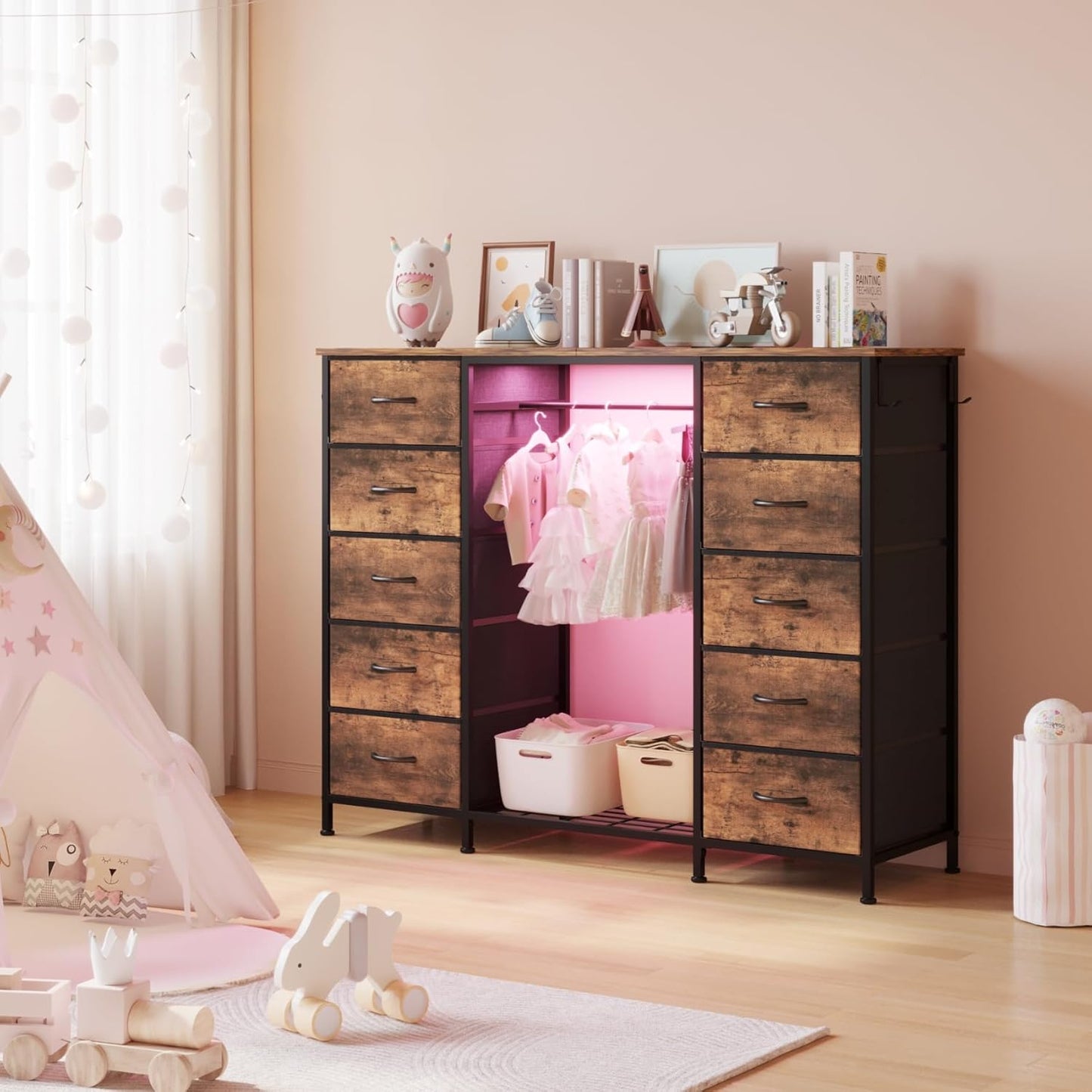 LUMTOK 55W 2-in-1 Dresser with Hanging Rack, 10 Drawers Dresser for Bedroom,Dressers with Fabric Drawers,LED Lights, Charging Station and Hanging Racks for Bedroom (Rustic Brown)