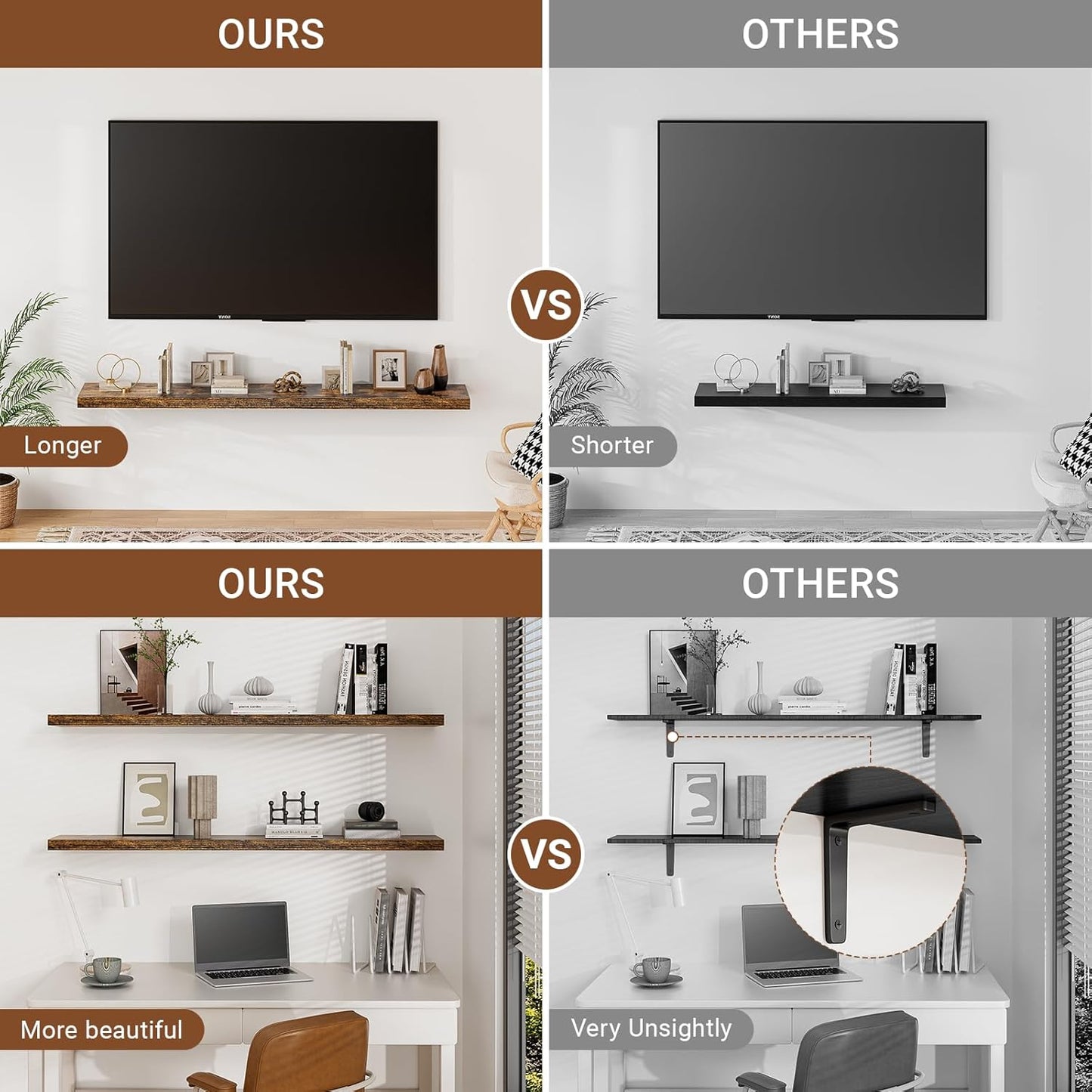 Floating Shelves for Wall 48 Inches Long,9.3" Deep Rustic Brown Floating Shelf Set of 2,Wall Mounted Wood Shelves for Bathroom Bedroom Living Room Kitchen Office,Shelf for Books Storage Room Decor