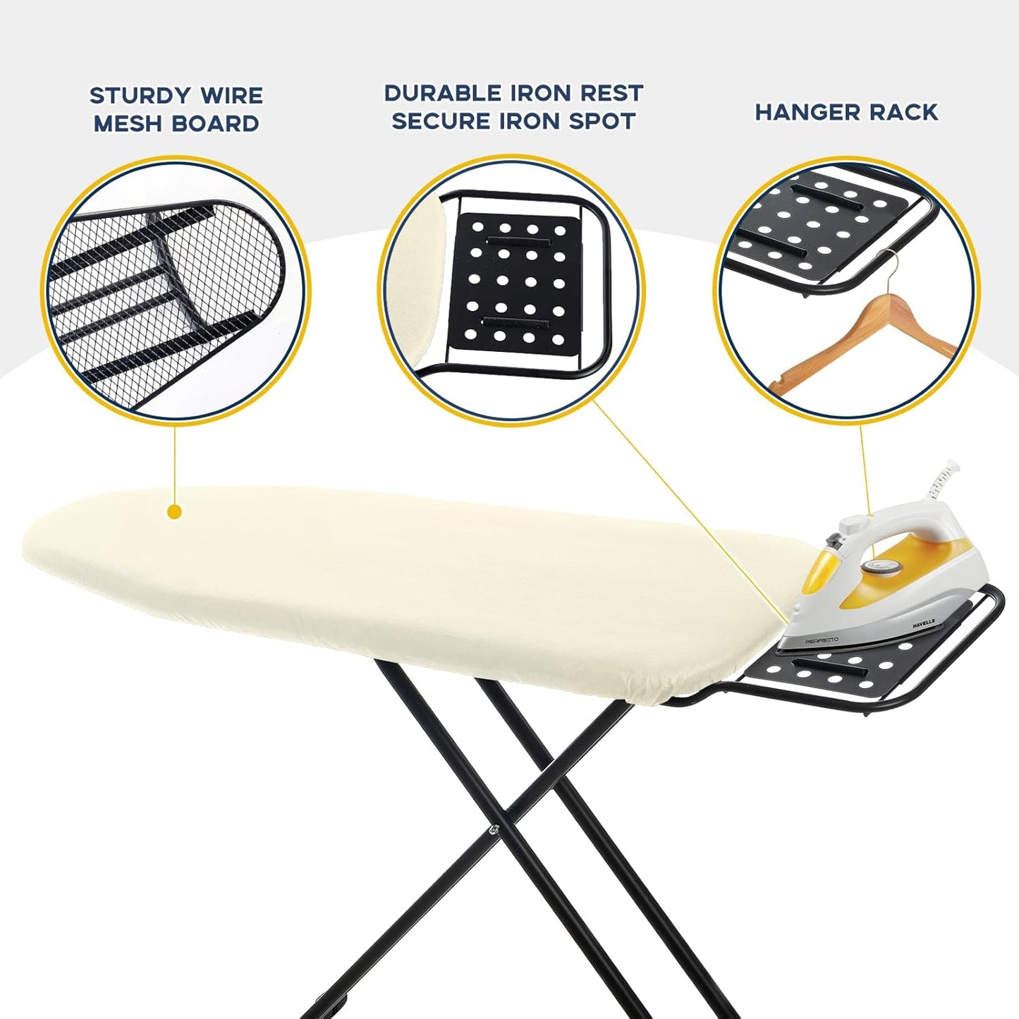 Ironing Board Full Size, RAINHOL Compact Iron Board with Iron Rest, Heat Resistant Cover with Ultra Thick Padding, Height Adjustable Heavy Duty for Home, Dorm, 43x13 Ivory