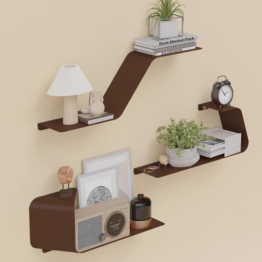 Floating Shelves, Wall Shelf, Set of 3 Wall Mounted Metal Shelves with Unique Design for Wall Storage, Book Shelf, Display Shelves for Bathroom Bedroom Kitchen Living Room for Home Brown
