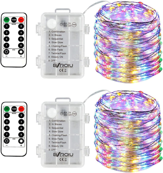 2 x Fairy Lights Battery Operated, Silver Wire Chains 8 Mode 5M 50 LEDs Timer String Lights with Remote Control for Bedroom Christmas Party Wedding Decoration (Multicolor)