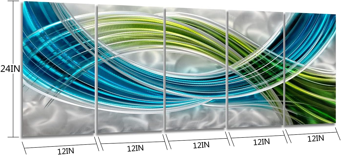 Yihui Arts Abstract Metal Wall Art - Hand Crafted 5 Pieces Panels Large Big Blue Teal Silver Unique 3D Aluminum Modern Contemporary Home Accent