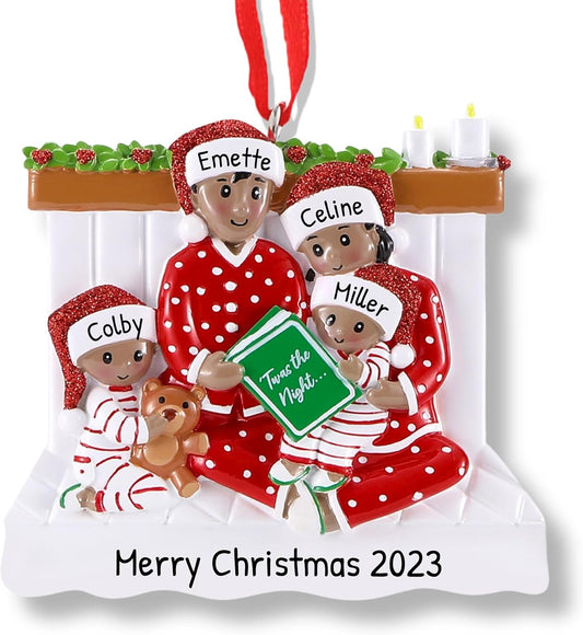 3D African American Pajama Family of 4 Christmas Ornament 2025 Personalized Family Christmas Ornaments 2025 | Black Reading a Book Personalized Tree Ornaments in Red Pajama of Four Ornament Gifts