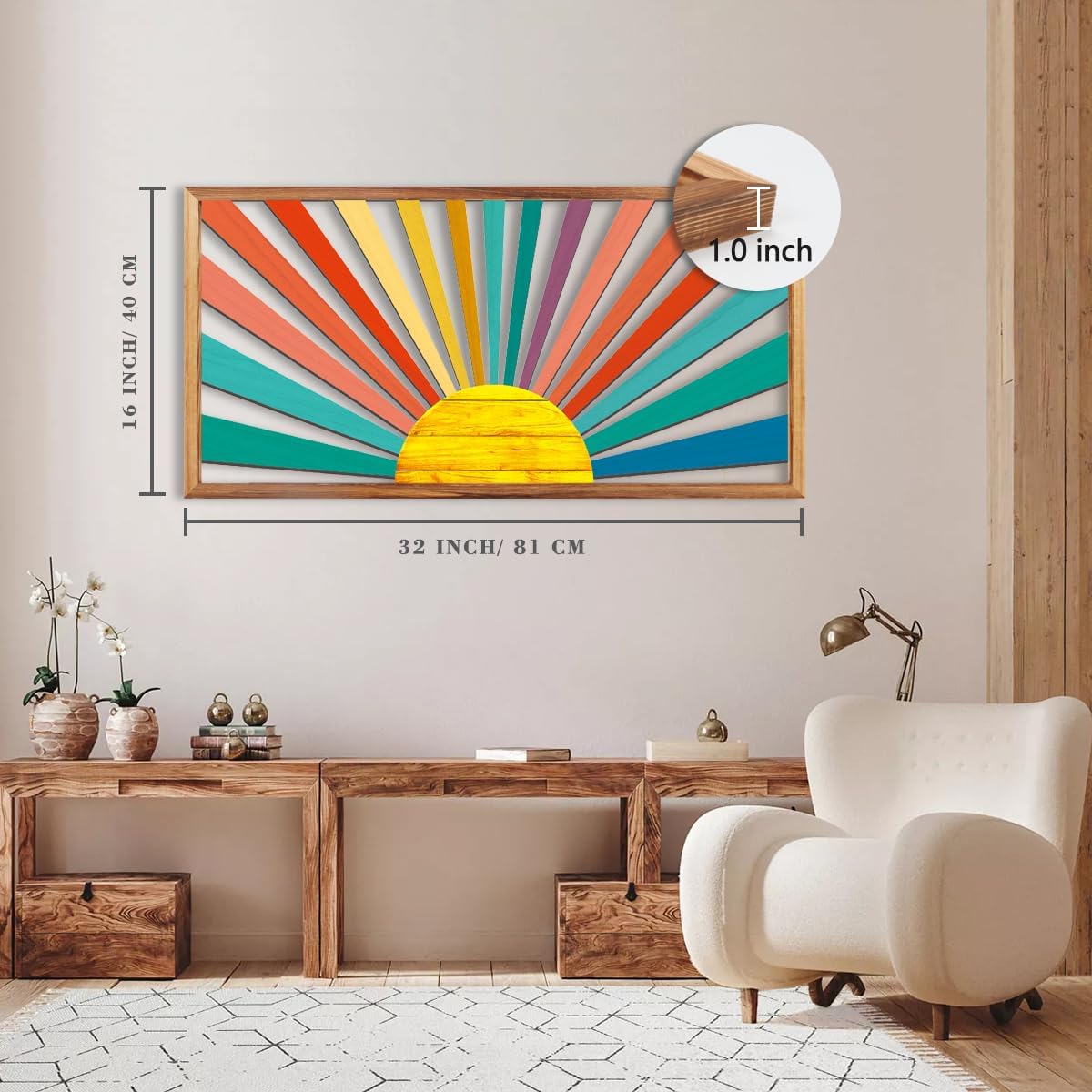 IARTTOP Large Boho Sun Wall Art Framed Wooden Art Wall Decor Sun Geometric Line Sunshine Wall Art for Living Room Bedroom Office 16"" x32, red