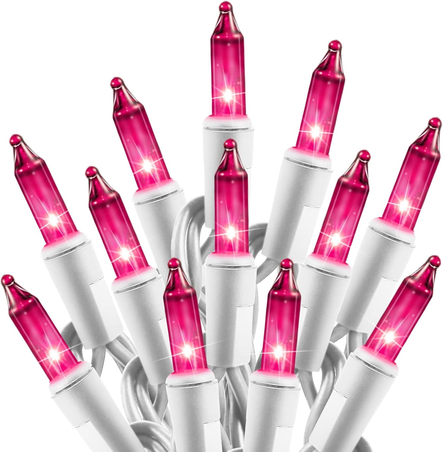 Christmas Pink Mini String Lights - 100 Count 25 Feet Detachable Incandescent Bulb Waterproof Fairy Lights Plug in for Indoor Outdoor Party Patio Xmas Tree Valentine's Day Decoration, White Wire