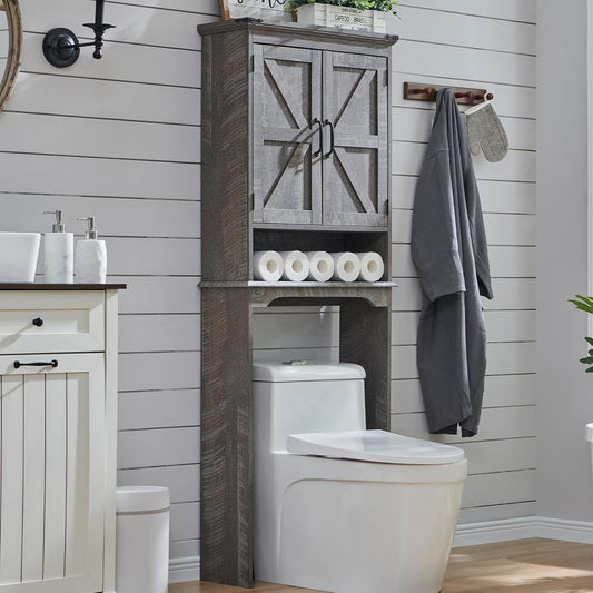 Over The Toilet Storage Cabinet, Farmhouse Bathroom Cabinet with Adjustable Shelf & Barn Door, 67" Tall Over The Toilet Shelf, Grey Wash