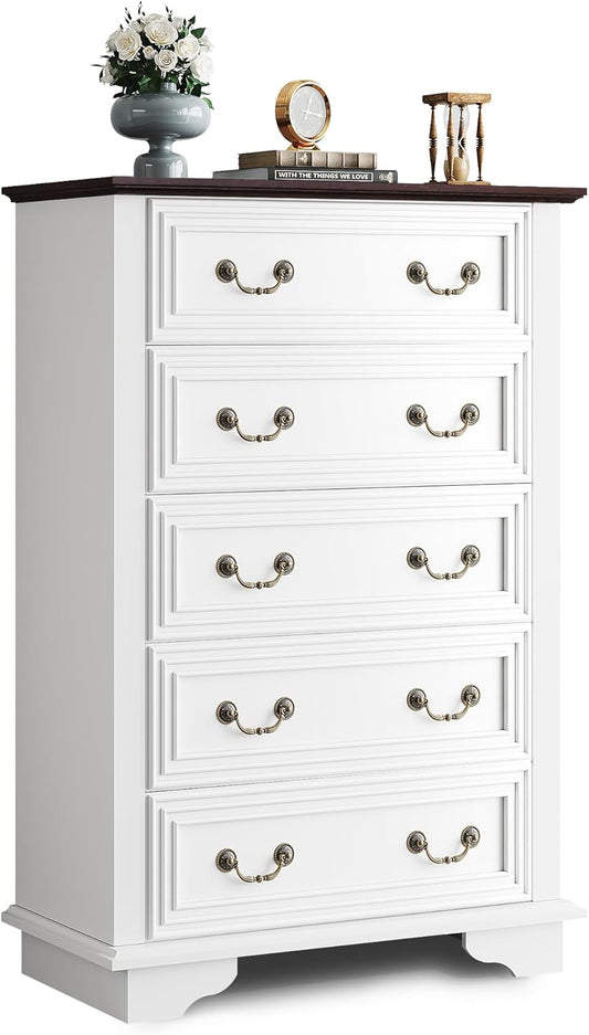 WLIVE Farmhouse Dresser for Bedroom, Wood Dresser with 5 Drawer, Chest of Drawers with Roman Metal Handle for Living Room, White