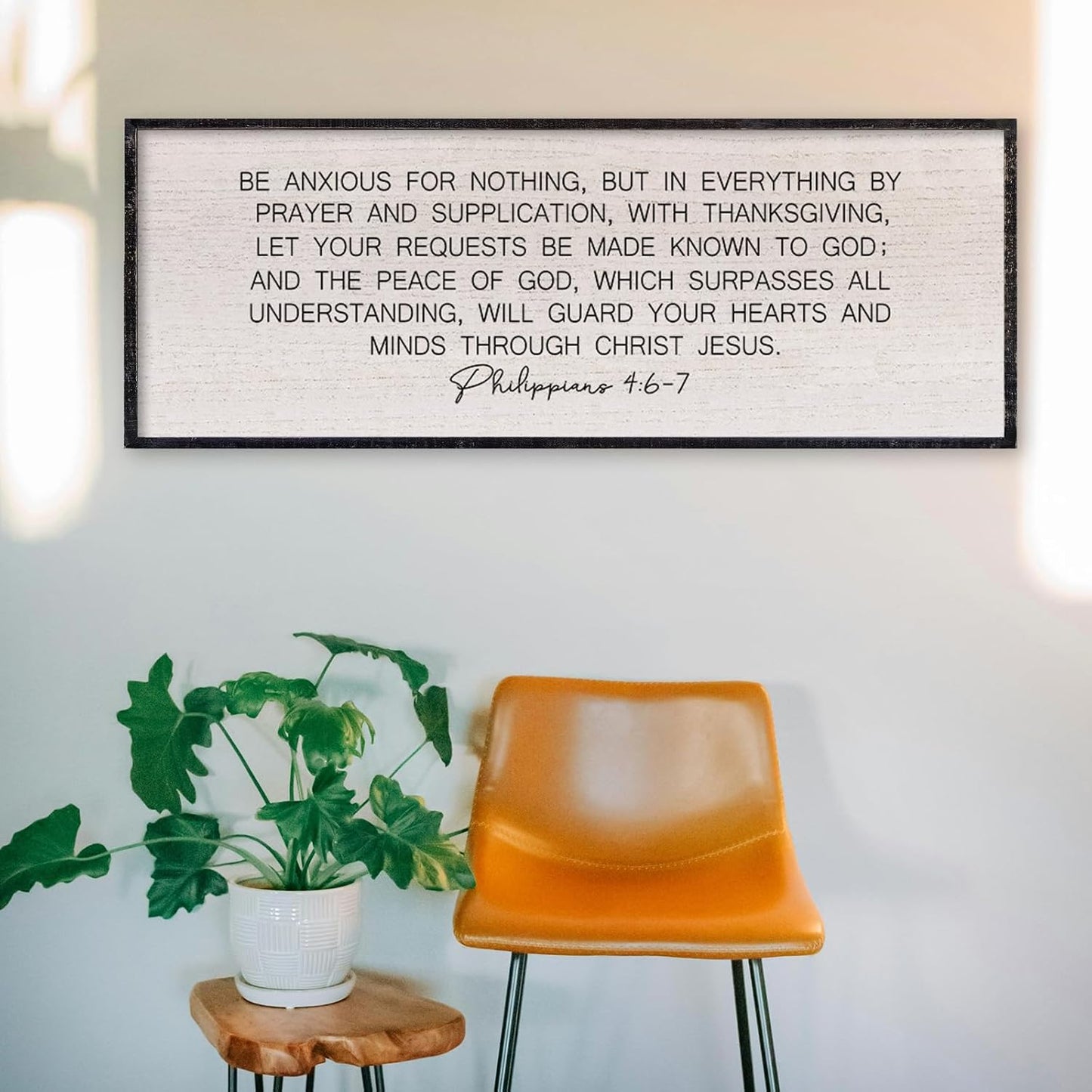 LuZhiQiang Be Anxious for Nothing Wall Decor 32"×12" Philippians 4:6-7 Bible Verse Sign Large Christian Scripture Wood Framed Hanging Decor (Black)